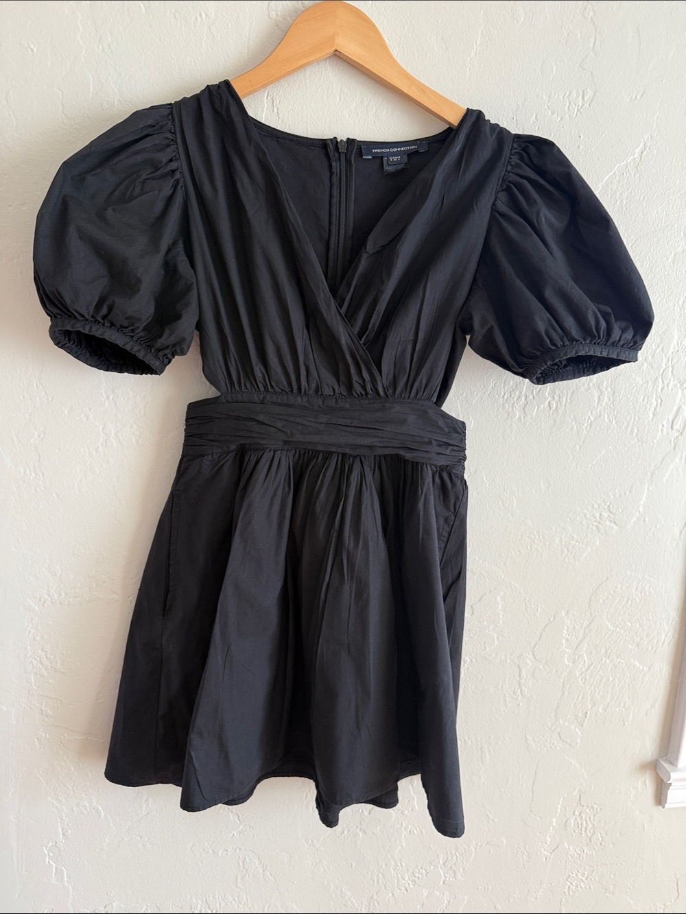 French Connection Black Puff Sleeve Mini Dress with side Cut Outs